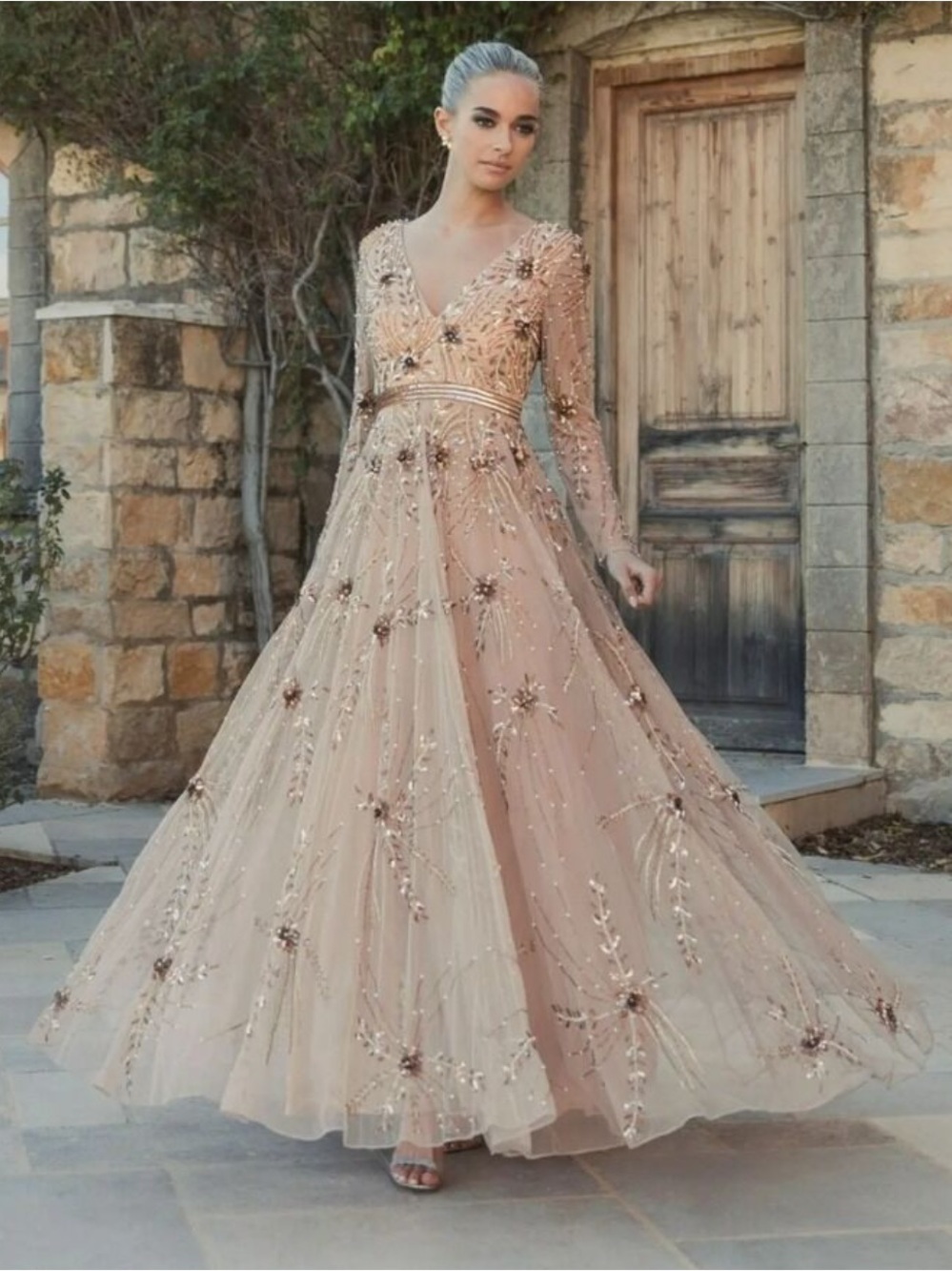 NWT Mac Duggal Illusion Sleeve Antique Rose 6086 Embellished A-Line Dress 18